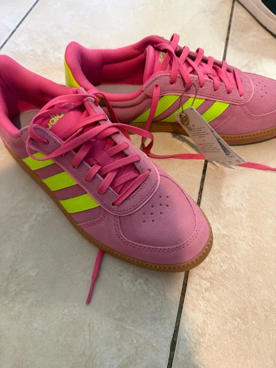 adidas Shoes - adidas Kids Pink Suede Sneakers with Neon Yellow Stripes